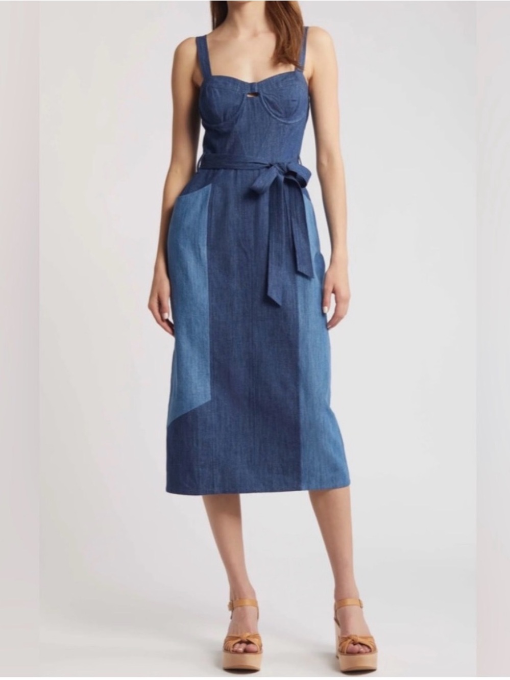 Du Paradis-Denim Two-Tone Midi Dress with Waist Tie - Blue. NWT!